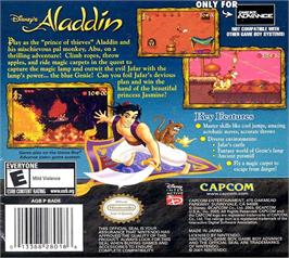 Box back cover for Aladdin on the Nintendo Game Boy Advance.