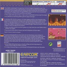 Box back cover for Aladdin on the Nintendo Game Boy Advance.