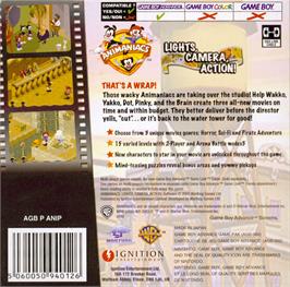 Box back cover for Animaniacs: Lights, Camera, Action on the Nintendo Game Boy Advance.