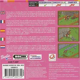 Box back cover for Barbie Horse Adventures: Blue Ribbon Race on the Nintendo Game Boy Advance.