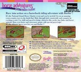 Box back cover for Barbie Horse Adventures - The Big Race on the Nintendo Game Boy Advance.