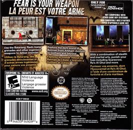 Box back cover for Batman Begins on the Nintendo Game Boy Advance.