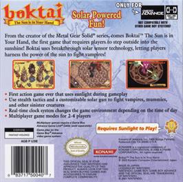 Box back cover for Boktai: The Sun is in Your Hand on the Nintendo Game Boy Advance.