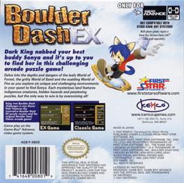 Box back cover for Boulder Dash EX on the Nintendo Game Boy Advance.