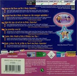 Box back cover for Bratz on the Nintendo Game Boy Advance.