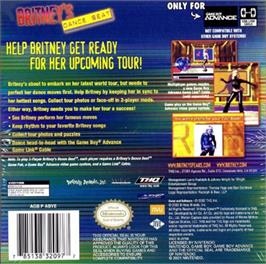 Box back cover for Britney's Dance Beat on the Nintendo Game Boy Advance.