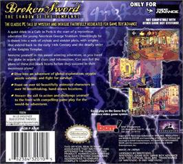 Box back cover for Broken Sword - The Shadow of the Templars on the Nintendo Game Boy Advance.