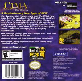 Box back cover for CIMA: The Enemy on the Nintendo Game Boy Advance.