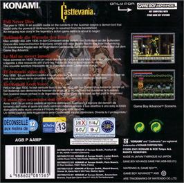 Box back cover for Castlevania on the Nintendo Game Boy Advance.