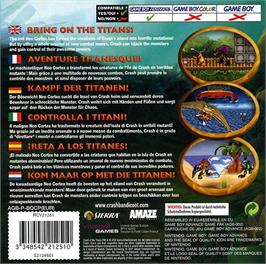 Box back cover for Crash Of The Titans on the Nintendo Game Boy Advance.