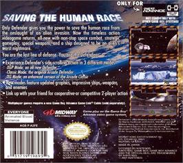 Box back cover for Defender - For All Mankind on the Nintendo Game Boy Advance.