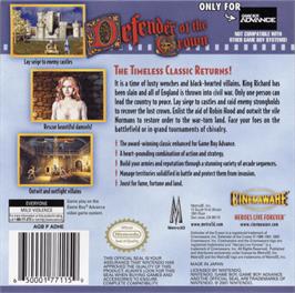 Box back cover for Defender of the Crown on the Nintendo Game Boy Advance.