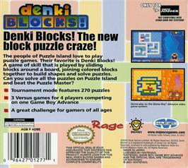 Box back cover for Denki Blocks! on the Nintendo Game Boy Advance.