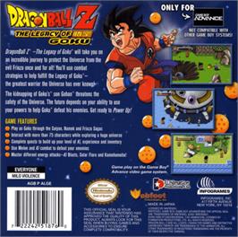 Box back cover for Dragonball Z: The Legacy of Goku on the Nintendo Game Boy Advance.