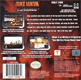 Box back cover for Duke Nukem Advance on the Nintendo Game Boy Advance.