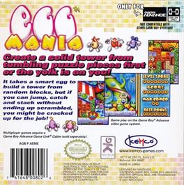 Box back cover for Eggo Mania on the Nintendo Game Boy Advance.