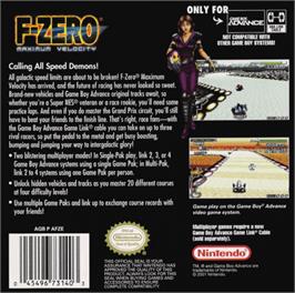 Box back cover for F-Zero: Maximum Velocity on the Nintendo Game Boy Advance.