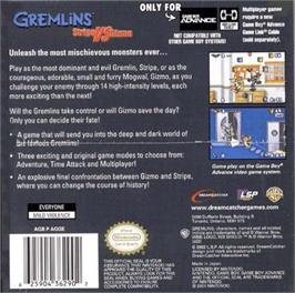 Box back cover for Gremlins: Stripe Vs. Gizmo on the Nintendo Game Boy Advance.