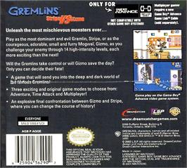Box back cover for Gremlins - Stripe Vs Gizmo on the Nintendo Game Boy Advance.