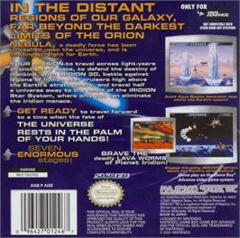 Box back cover for Iridion 3D on the Nintendo Game Boy Advance.