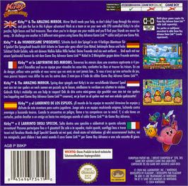 Box back cover for Kirby and the Amazing Mirror on the Nintendo Game Boy Advance.