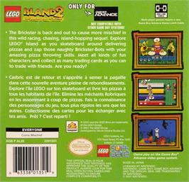 Box back cover for LEGO Island 2: The Brickster's Revenge on the Nintendo Game Boy Advance.