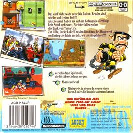 Box back cover for Lucky Luke: Wanted on the Nintendo Game Boy Advance.
