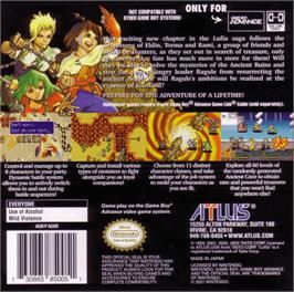 Box back cover for Lufia: The Ruins of Lore on the Nintendo Game Boy Advance.