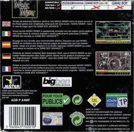 Box back cover for Manic Miner on the Nintendo Game Boy Advance.