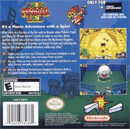 Box back cover for Mario Pinball Land on the Nintendo Game Boy Advance.