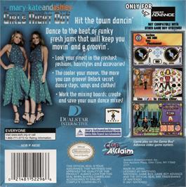 Box back cover for Mary-Kate and Ashley: Girls Night Out on the Nintendo Game Boy Advance.