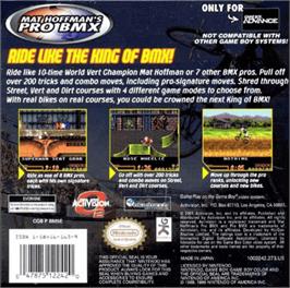 Box back cover for Mat Hoffman's Pro BMX on the Nintendo Game Boy Advance.