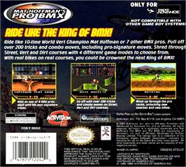 Box back cover for Mat Hoffman's Pro Bmx on the Nintendo Game Boy Advance.