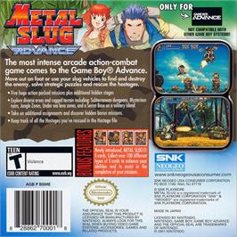 Box back cover for Metal Slug Advance on the Nintendo Game Boy Advance.