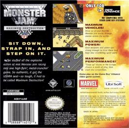 Box back cover for Monster Jam: Maximum Destruction on the Nintendo Game Boy Advance.