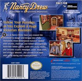 Box back cover for Nancy Drew: Message in a Haunted Mansion on the Nintendo Game Boy Advance.