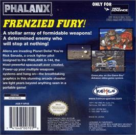 Box back cover for Phalanx on the Nintendo Game Boy Advance.