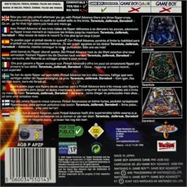 Box back cover for Pinball Advance on the Nintendo Game Boy Advance.