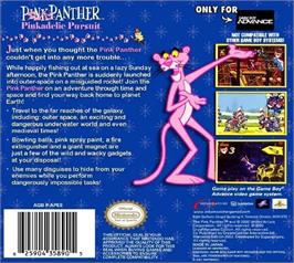 Box back cover for Pink Panther: Pinkadelic Pursuit on the Nintendo Game Boy Advance.