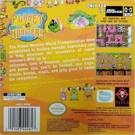 Box back cover for Planet Monsters on the Nintendo Game Boy Advance.