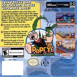 Box back cover for Popeye - Rush For Spinach on the Nintendo Game Boy Advance.