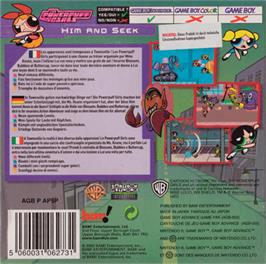Box back cover for Powerpuff Girls: Him and Seek on the Nintendo Game Boy Advance.