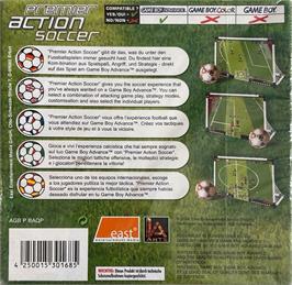 Box back cover for Premier Action Soccer on the Nintendo Game Boy Advance.
