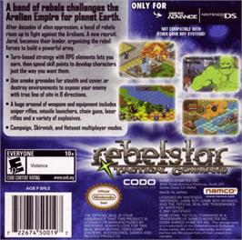 Box back cover for Rebelstar: Tactical Command on the Nintendo Game Boy Advance.