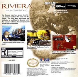 Box back cover for Riviera: The Promised Land on the Nintendo Game Boy Advance.