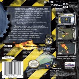 Box back cover for Robot Wars: Advanced Destruction on the Nintendo Game Boy Advance.