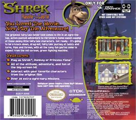Box back cover for Shrek: Hassle at the Castle on the Nintendo Game Boy Advance.