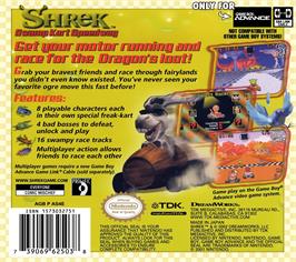 Box back cover for Shrek: Swamp Kart Speedway on the Nintendo Game Boy Advance.