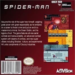 Box back cover for Spider-Man: Mysterio's Menace on the Nintendo Game Boy Advance.