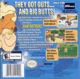 Box back cover for Super Duper Sumos on the Nintendo Game Boy Advance.